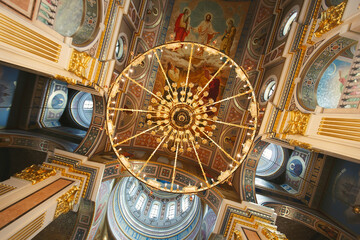 Beautiful chandelier in the church. Church decoration of the Orthodox Church