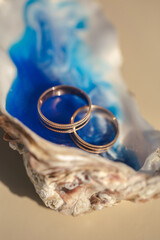Close-up view of wedding rings in a shell on a table with wedding decor at a wedding ceremony on...