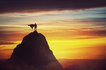 Businessman superhero conceptual scene. Determined hero with red cape stands brave on a mountain peak. Business leadership, ambition and strength metaphor. Overcome obstacles and achieve success - 489711015