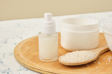 rice water spray bottle, body care, do-it-yourself natural cosmetics concept, fermented beauty care