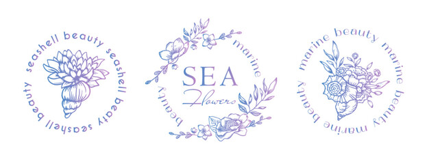 Sea ​​logo. Seashells and flowers. Soap, sea scents. For beauty natural and organic products, cosmetics, spa and wellness, fashion, wedding and jewelry.