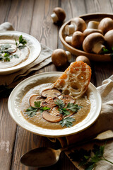 Mushroom soup made of brown champignon with the addition of green parsley, close up view. Traditional soup