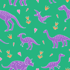 Seamless vector pattern with sketch of dinosaurs and abstract floral. Decoration print for wrapping, wallpaper, fabric. Seamless vector texture. 