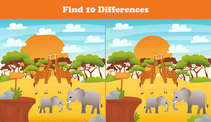 Find ten differences printable worksheet with african safari elephants and giraffes and desert landscape for kids