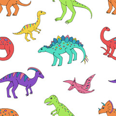 Seamless vector pattern with sketch of dinosaurs. Decoration print for wrapping, wallpaper, fabric. Seamless vector texture. 