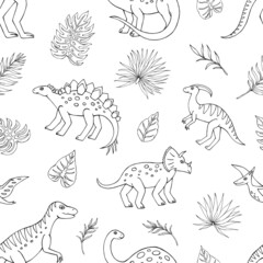Naadloze vector patroon met schets van dinosaurussen en tropische plant. Decoratie print voor verpakking, behang, stof. Naadloze vectortextuur.