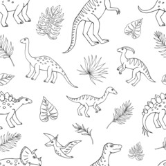 Seamless vector pattern with sketch of dinosaurs and tropical plant. Decoration print for wrapping, wallpaper, fabric. Seamless vector texture.