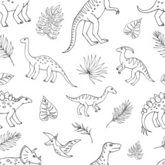 Seamless vector pattern with sketch of dinosaurs and tropical plant. Decoration print for wrapping, wallpaper, fabric. Seamless vector texture. © Anna Sobol