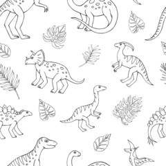 Seamless vector pattern with sketch of dinosaurs and tropical plant. Decoration print for wrapping, wallpaper, fabric. Seamless vector texture.