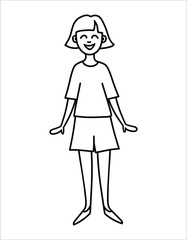 Drawing of a man in doodle style. Contour linear illustration of a smiling girl, Hand drawn woman standing in shorts, Simple clipart