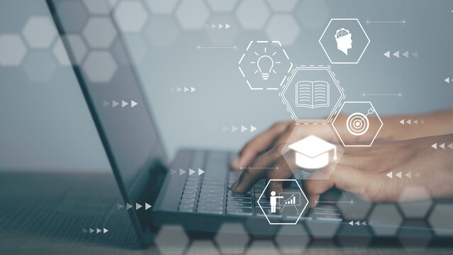 Person using laptop for e-learning and online learning are all types of personal development and Professional. Home quarantine distance learning concept.