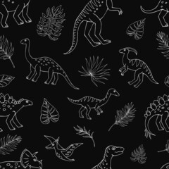 Seamless vector pattern with sketch of dinosaurs and tropical plant. Decoration print for wrapping, wallpaper, fabric. Seamless vector texture.