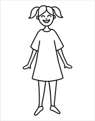 Fototapeta premium Drawing of a man in doodle style. Contour linear illustration of a smiling girl, Hand drawn woman standing in a dress, Simple clipart