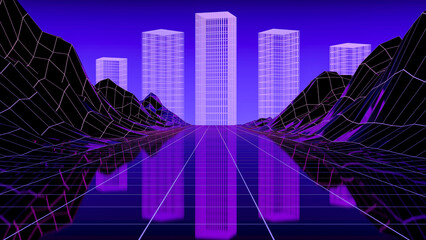 3d synthwave metaverse neon landscape with glowing skyscrapers and grid. Retrowave cyberpunk videogame and electro music concept. 