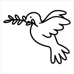 Drawing with a peaceful dove in doodle style. Contour images of the Day of peace, anti-war linear illustration of a pigeon with a twig. Hand drawn print, no war, creative art with symbols of world pea