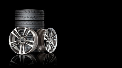 two aluminum rims with a set of four tires in the background on a black mirrored floor. 