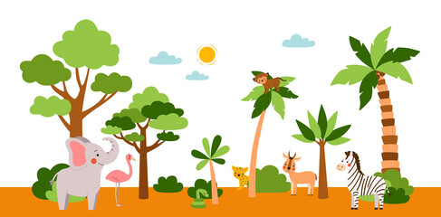 African animals safari horizontal banner. Flat vector illustration