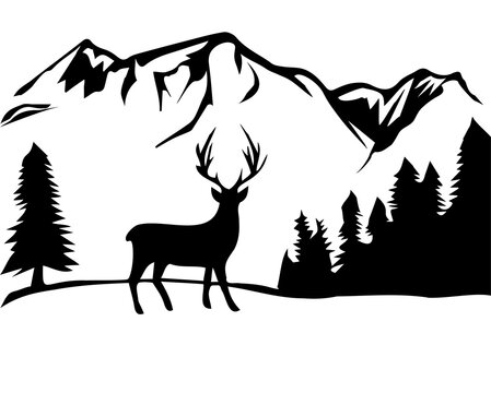 Vector-Silhouette-Mountain and Deer Black White 2