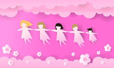 Women's Day 8 march with many women holding hands and flowers, Paper art style.
