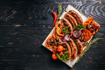 Barbeque menu. Grilled meat assortment of tasty bbq snacks with vegetables on wooden board. banner,...