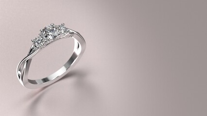 white gold engagement ring with diamond 3d render with beautiful background - obrazy, fototapety, plakaty