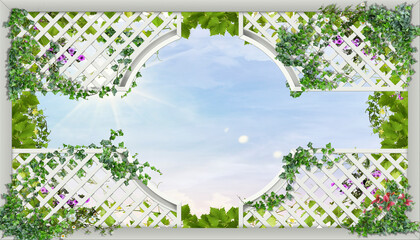 Ceiling in greenery and flowers on a blue sky