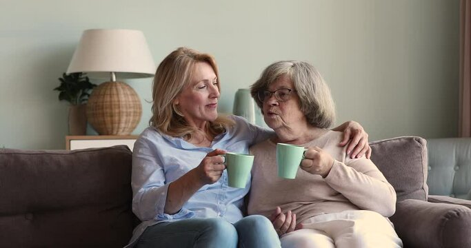60s blonde woman her older positive smiling hoary mother talking sitting on sofa holding cups drink tea enjoy coffee and warm conversation resting at home. Family bonding, care and attention concept