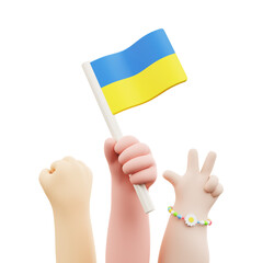 Stay strong Ukraine. 3D hand holding flag of Ukraine. Stop war, make peace high quality illustration.