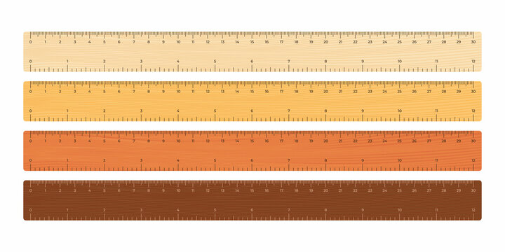 Vector illustration wooden tape rulers 30 cm and 12 inches isolated on white background. Set of realistic school wooden measuring rulers in flat style. Double sided measurement in centimeter and inch.