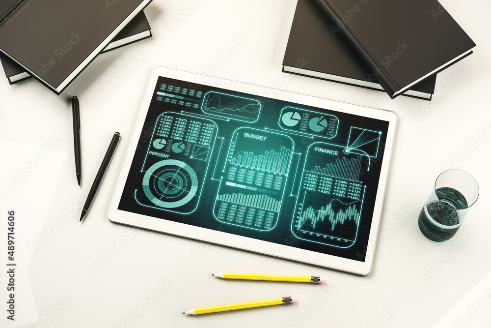 Poster modern digital tablet monitor with abstract creative statistics data hologram, statistics and analyt