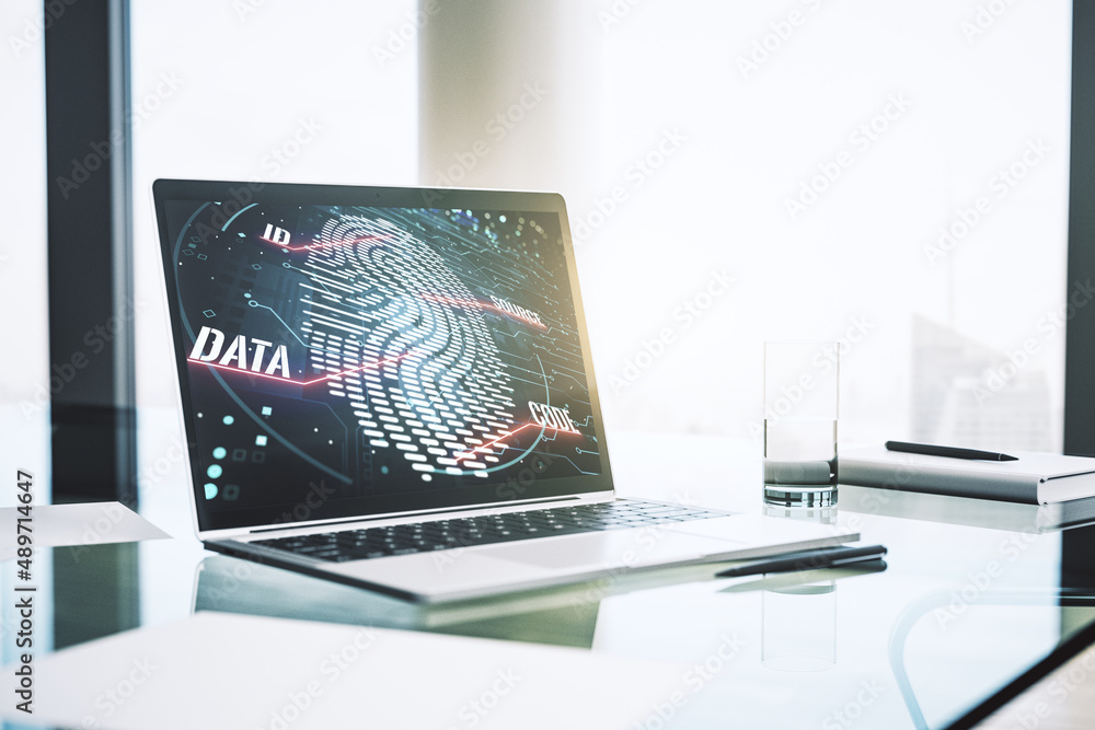 Poster computer monitor with abstract creative fingerprint illustration, personal biometric data concept. 3