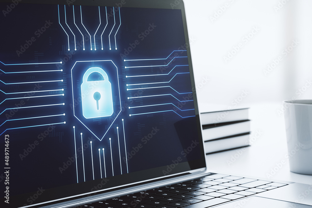 Poster Creative idea concept with lock symbol and microcircuit illustration on modern laptop screen. Protection and firewall concept. 3D Rendering