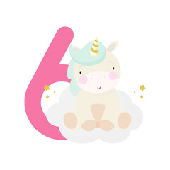 Birthday Party, Greeting Card, Party Invitation. Kids illustration with Cute Magic Unicorn and an inscription six. Vector illustration in cartoon style.