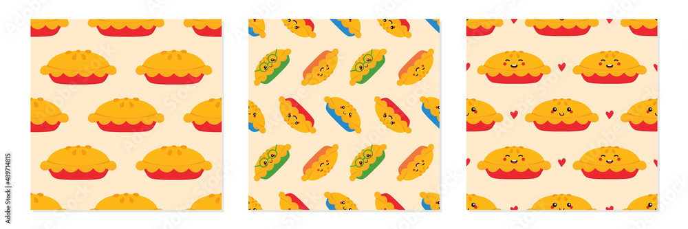 Wall mural set, collection of three vector seamless pattern background with apple pies and colorful pie charact