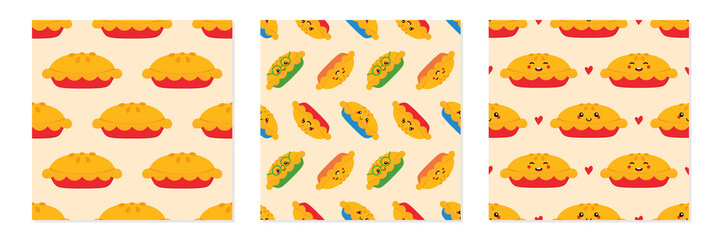 Set, collection of three vector seamless pattern background with apple pies and colorful pie characters for food design.
