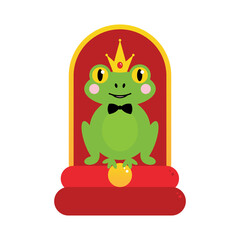 Frog prince. Cute cartoon style vector illustration with fairytale green frog character wearing crown and holding golden ball.