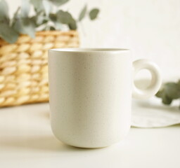 Mug mockup and desk accessories  on white background.