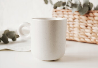 Mug mockup and desk accessories  on white background.