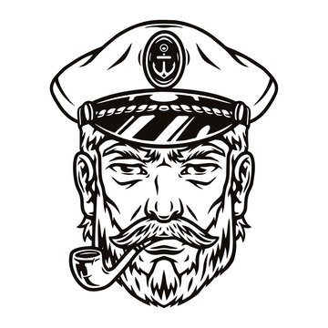 Monochrome Vintage Bearded Sailor Captain Smoking Pipe Isolated Vector