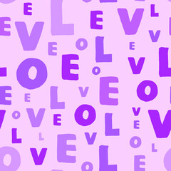 Repeatable seamless pattern with letters of word love. Lovely purple and pink colors