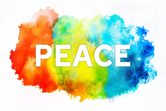 Peace background. White Peace word on rainbow colors watercolor background on paper.