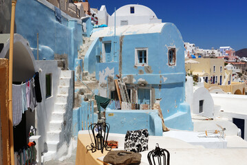 Thira on the island of Santorini is a volcanic island in the Aegean Sea, which is part of the Cyclades archipelago.Multi-coloured abstrakt architecture on island.