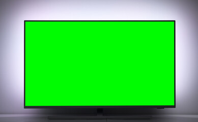 Close up of big green screen led TV in a cozy living room.