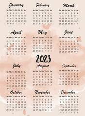 Yearly A4 calendar or planner 2023 pink watercolor. Week starts on sunday, vector illustration dusty rose color A3 A5.