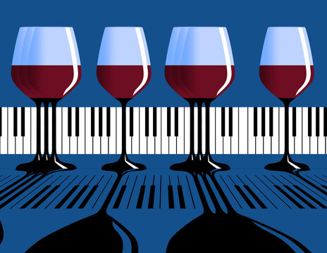 Glasses of wine and a piano keyboard are combined in this illustration that could be used to make posters or advertising for a wine and music festival or event. - Powered by Adobe