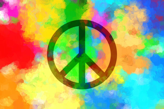 Peace background. Black symbol of peace on colorful watercolor painted background.