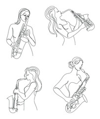 Collection. Silhouette of woman with guitar, violin, saxophone flute in modern continuous line style. Beautiful girl. Aesthetic decor sketches, posters, stickers, logo. Set of vector illustrations.