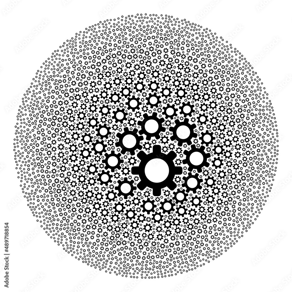 Poster cog icons are organized into sphere group. cog icon bubble mosaic. abstract sphere bubble collage co