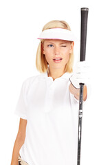 Checking for that perfect balance. Studio shot of an attractive young golfer using her club to aim...