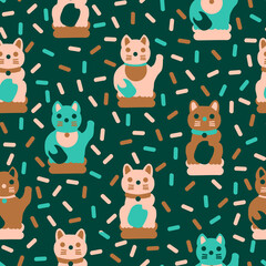 Maneki Neko japanese vintage cat toy seamless pattern. Vector illustration